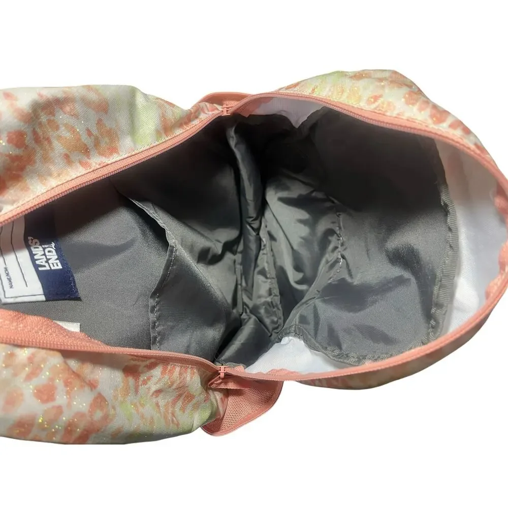 Land's End Backpack Coral Pink Green With Gold Sparkles  16 x 13 x 5 